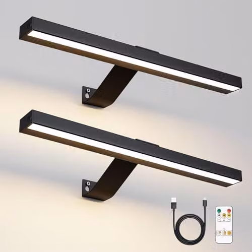 Harper Living Set of 2 Rechargeable LED Picture Lights in Black, Dimmable Wall Mounted Bar Lights with Remote Control
