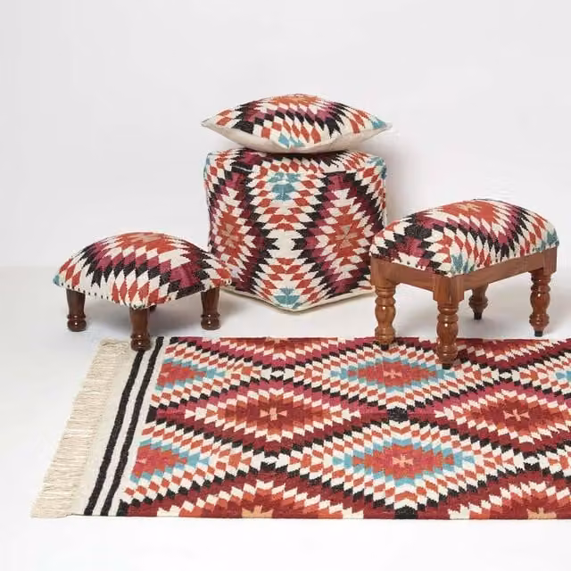 Homescapes Manila Handwoven Kilim Footstool, Multicolour, W/D/H: 40 x 40 x 40 cm