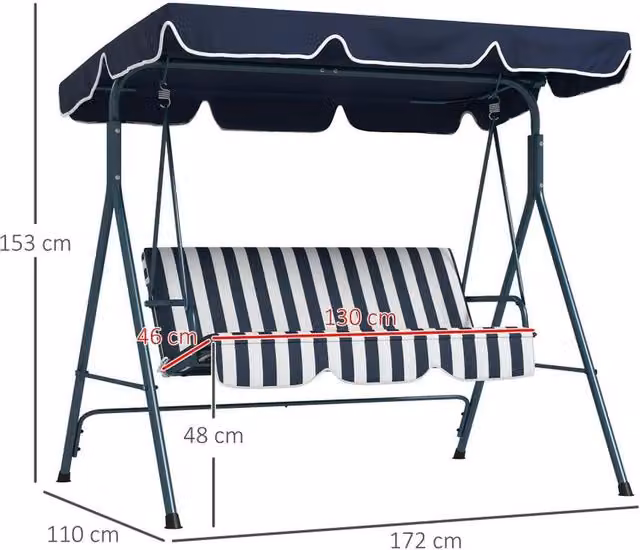 Chilli Seating Blue 3 Seat Adjustable Swing Seat with Sun Canopy and Cushions