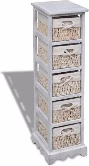 Berkfield Home White Wooden Wall Mounted Storage Rack with 5 Weaving Baskets
