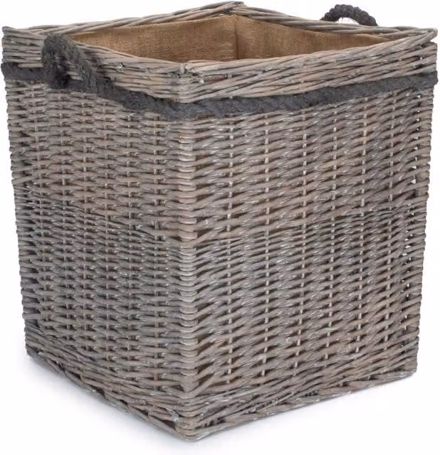 Red Hamper Large Grey Wicker Rattan Log Basket with Handles and Hessian Lining W/D/H: 50 x 50 x 50 cm