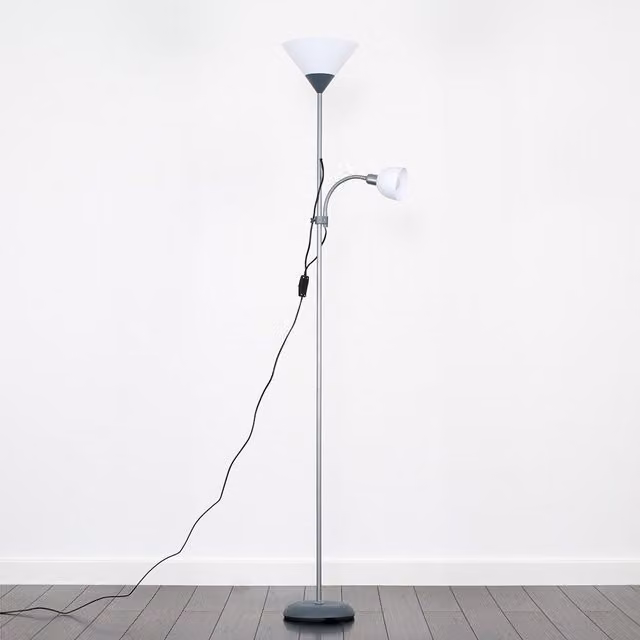 ValueLights Moz Mother and Child Uplighter Floor Lamp with Side Lamp and LED Bulbs in Metallic Silver