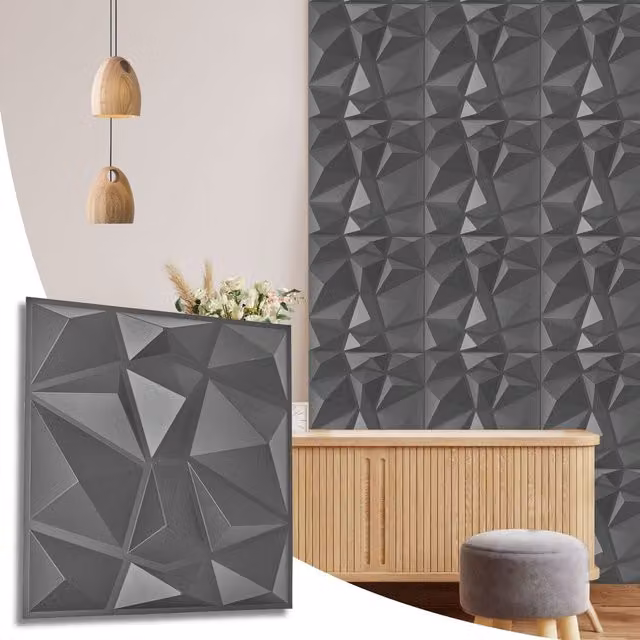 NOVECRAFTO Grey Silver Diamond Design 3D PVC Wall Panels, W: 50 cm x H: 50 cm