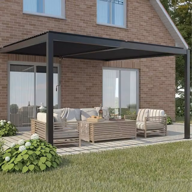 Primrose Deluxe Charcoal Aluminium Wall Mounted Lean-to Veranda with Louvered Shutter Roof and Rain Gutter, Width: 300 cm