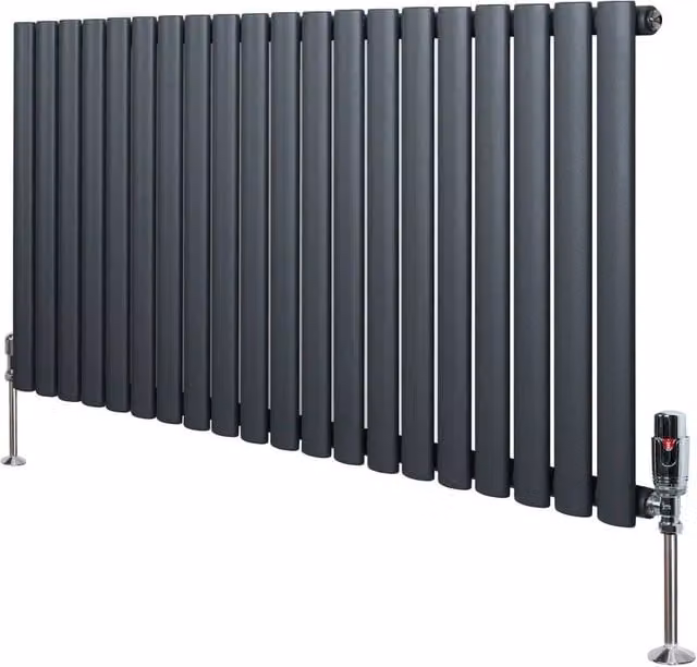 Monstershop Oval Single Column Steel Radiator and Valves with Thermostat Head, Anthracite Grey, H: 1200 mm, W: 60 mm