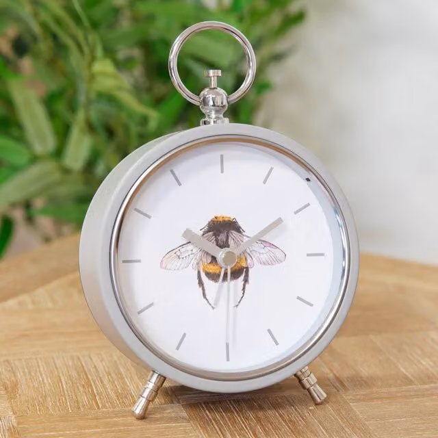 Hestia Bumblebee Modern Analog Metal Tabletop Mantel Alarm Clock in Grey, Silver and White
