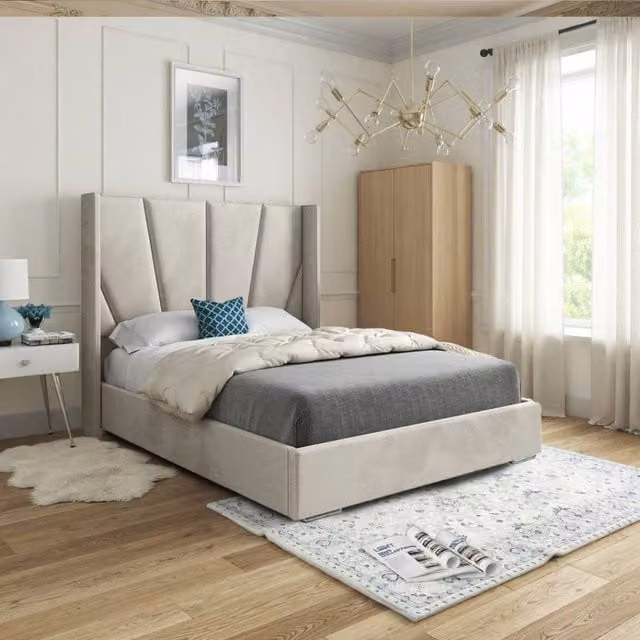 KDMD Glapthorn Wide Curved Designer Bed Frame in Beige Cream Soft Velvet, W/D/H: 137 x 128 x 200 cm