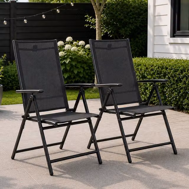 Samuel Alexander Set of 2 Black Multi Position Reclining Outdoor Folding Garden Chairs with Armrests