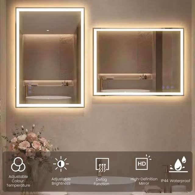 SONGMICS Rectangular LED Anti Fog Bathroom Mirror in Matte White with Touch Switch and Dimmable Lighting