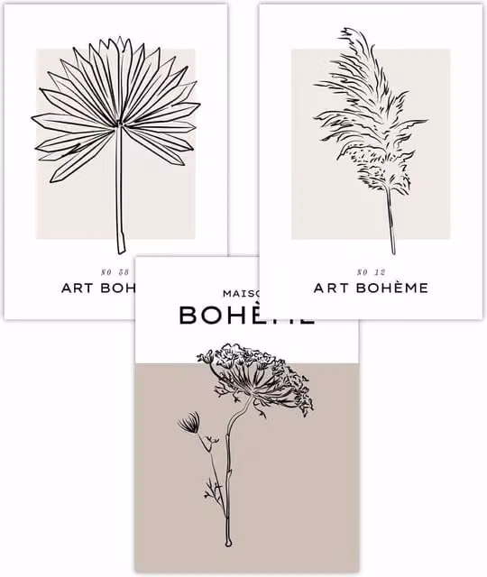 ARTZE Set of 3 Boho Botanical Sketch Leaf and Flower Art Posters in Beige, White and Black, W: 59 cm, H: 84 cm