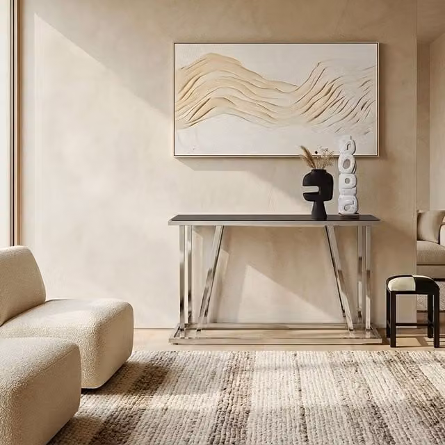 Orsina Modern Console Table with Black Glass Top and Silver Frame, W/D/H: 130 x 40 x 75 cm