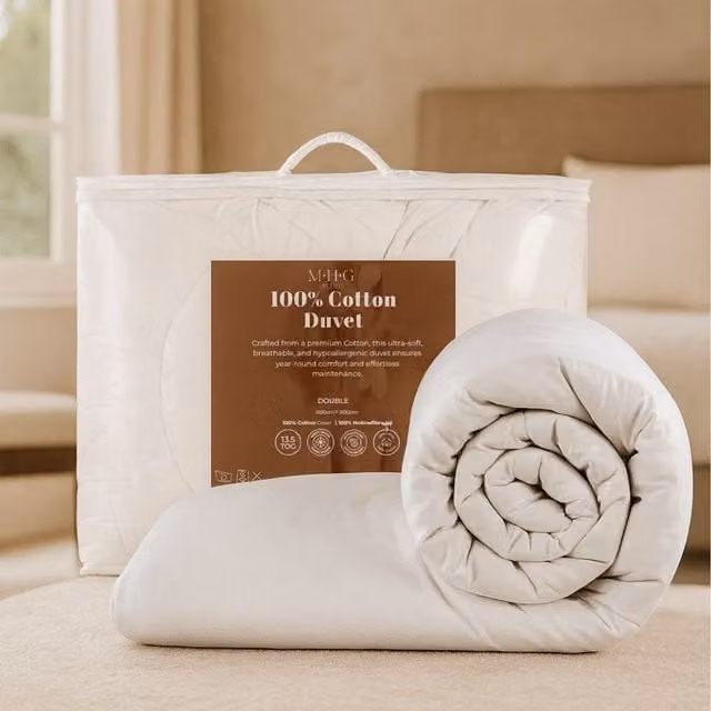 MHG Living 13.5 Tog Winter Double Duvet with White Cotton Cover and Hollow Fibre Filling