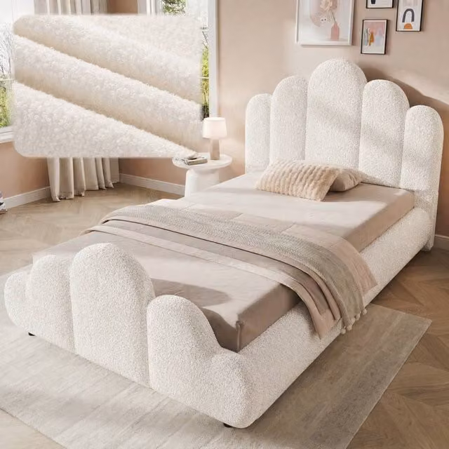 Matteo 3FT Single Upholstered Petal-Shaped Bed Frame in Beige Bouclé, W/D/H: 90 x 190 cm