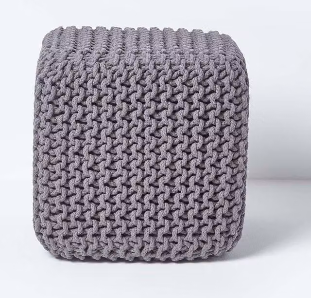 Homescapes Cube Cotton Knitted Pouffe Footstool in Grey
