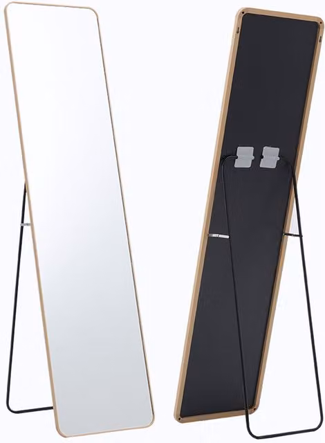 Kidkid Modern Rectangular Freestanding Mirror with Metal Frame in Gold