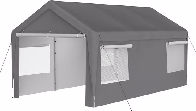 BIRCHTREE CP01 Gable Carport with Roller Door, Dark Grey, W: 609.6 cm
