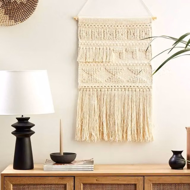 Wyld and Coco Beige Boho Geometric Handwoven Cotton Textile Wall Hanging with Tassels