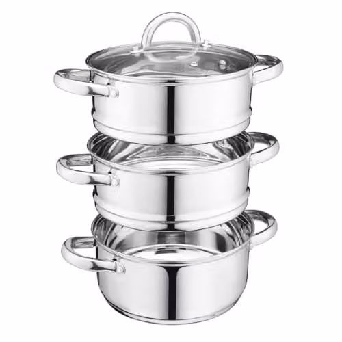 Cooks Professional 3 Tier Stainless Steel Steamer Pan in Silver with Glass Lid, Diameter: 22 cm
