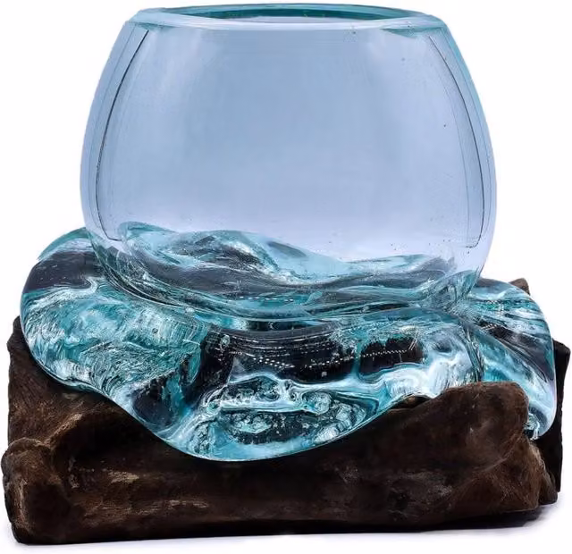 KDMD Handcrafted Turquoise Molten Glass Goldfish Bowl on Wood, Diameter: 20 cm