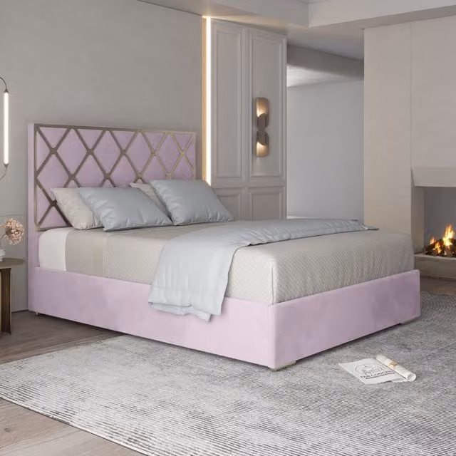 Casani Tammy Upholstered Soft Velvet Metal Bed Frame, Pink, 180 x 200 cm