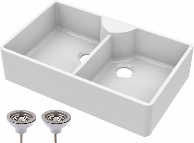 Balterley White Ceramic 2 Bowl Fireclay Butler Sink with Stepped Weir Wastes W/D/H: 89.5 x 55 x 22 cm
