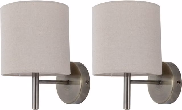 First Choice Lighting Brea Set of 2 Antique Brass Wall Lights with Beige Fabric Shades