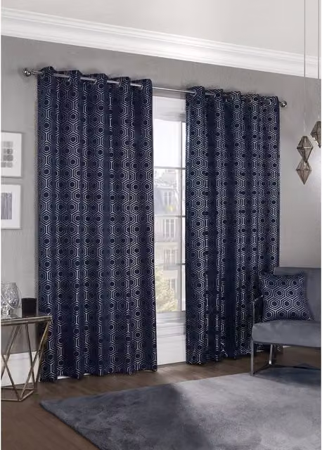 NewEdgeBlinds Element Geometric Woven Thermal Blackout Eyelet Curtains in Blue, Width: 183 cm, Height: 183 cm