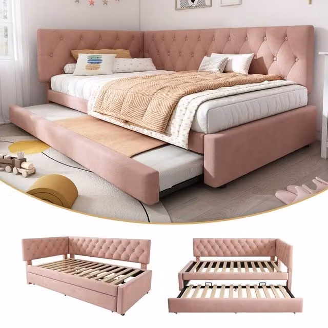 Matteo Pink Velvet Upholstered Single 3FT Daybed with Pull-Out Trundle and Asymmetric Chaise, W/D/H: 90 x 190 cm