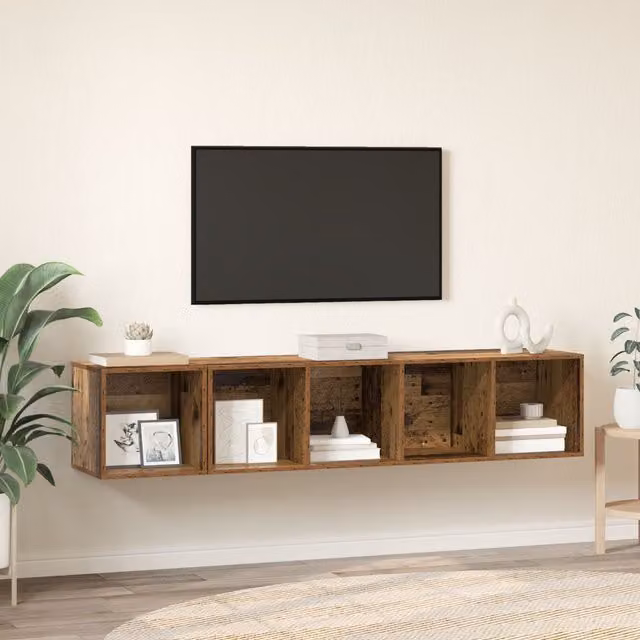 Berkfield Home 2-Piece Wall-Mounted TV Cabinet and Lowboard Set in Brown Old Wood, W/D/H: 37 x 37 x 142.5 cm
