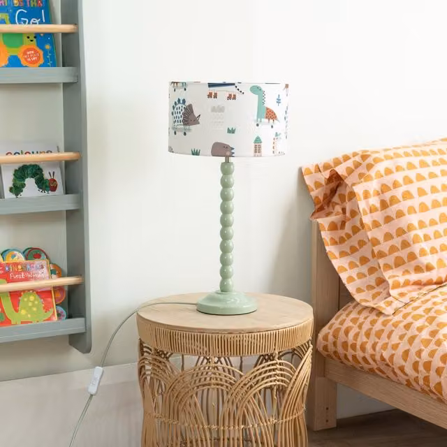 ValueLights Green Bobbin Stem Table Lamp with Kids Drum Shade in Sage Green