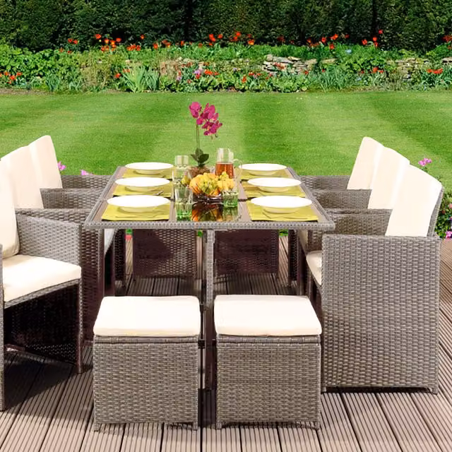 Comfy Living 11 Piece Modern Grey Polyrattan Garden Furniture Set with Glass Table and Weather Resistant Cushions