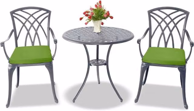 OSHOWA Grey Bistro Set with Round Garden Table and 2 Chairs featuring Green Weather-Resistant Cushions