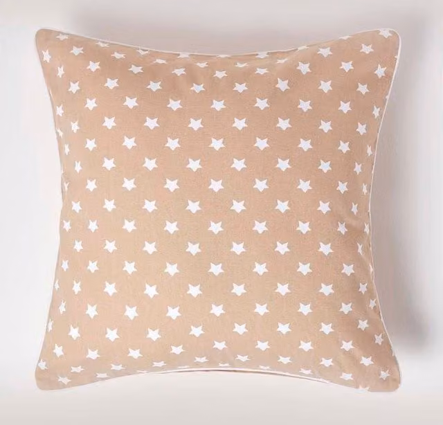 Homescapes Cotton Stars Square Cushion Cover in Beige and White, W/D/H: 45 x 45 x 45 cm