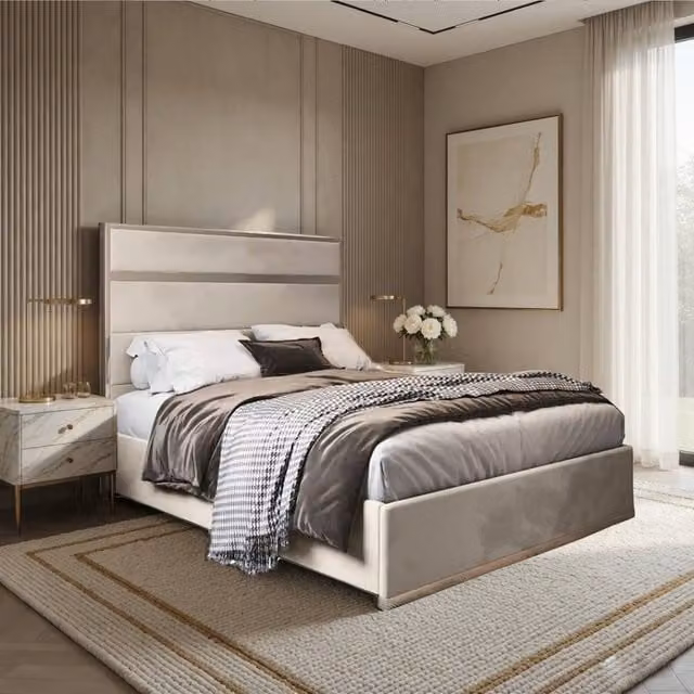 KDMD Horringer Single Designer Bed Frame in Beige Upholstered Velvet and Metal