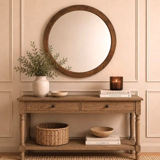 Elm Home And Garden Round Modern Solid Wood Wall Mirror in Brown