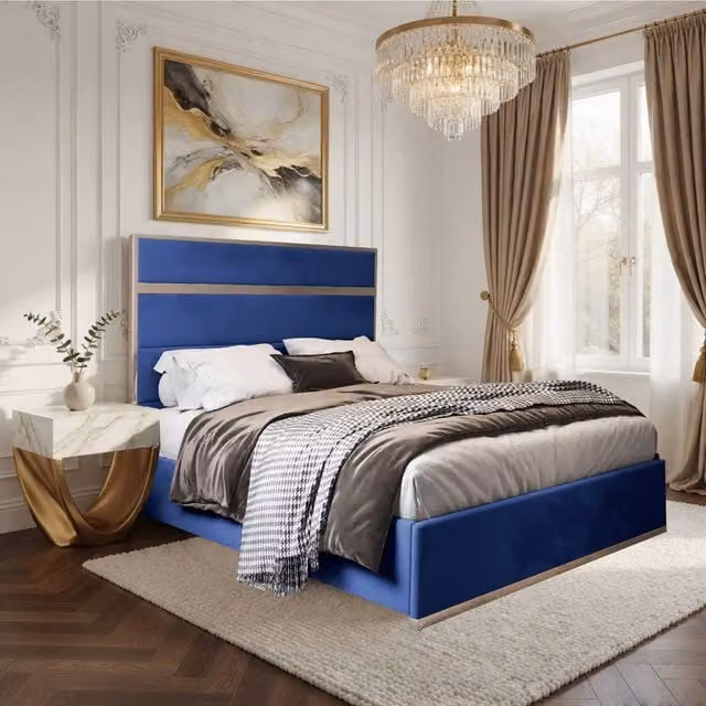 Casani Fladbury Upholstered Velvet Designer Bed Frame in Blue, W/D/H: 120 x 137 x 128 cm