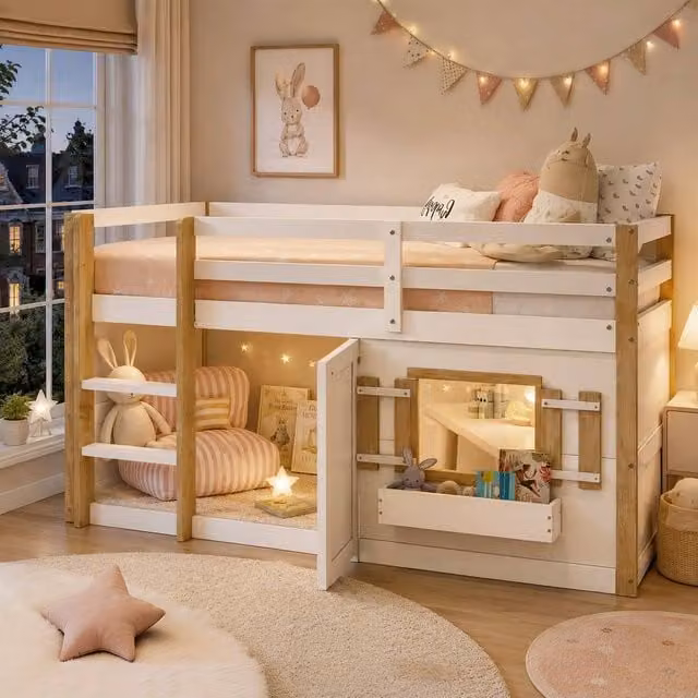 BTM Kids Single Loft Bunk Bed with Play Area and Side Compartments in White, W/D/H: 90 x 190 cm