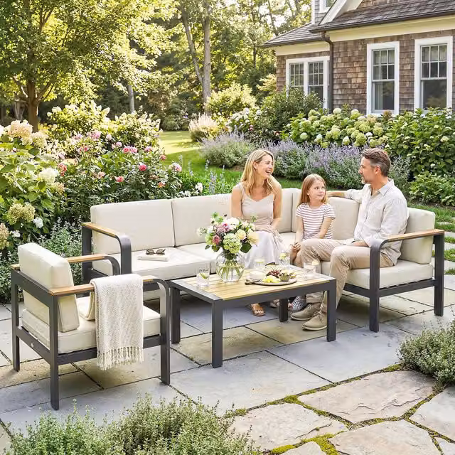 Outsunny Modern L-Shaped Garden Furniture Set with 3-Seater Sofa, Armchair, Coffee Table and Upholstered Cushions in Beige and White