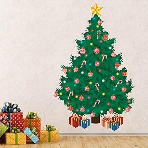WALPLUS Traditional Christmas Tree Wall Sticker Decal, Multicolour Adhesive Wall Mural for Home, Nursery or School Decor