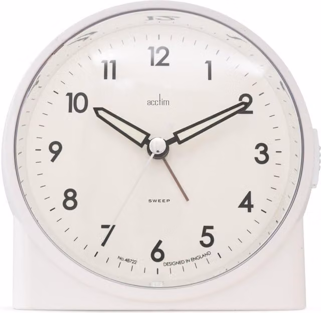 Acctim Arlo Round Analogue Quartz Tabletop Alarm Clock with Silent Sweep and Illuminated Hands in White or Beige