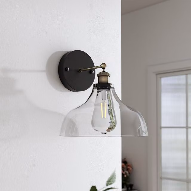Livingandhome Industrial Wall Sconce with Transparent Cone Glass Shade in Brass