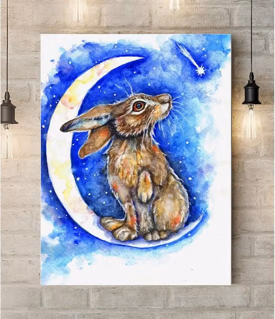 Moon and the Hare Watercolor Canvas Print by Be Coventry Art Ltd, Blue, Width: 46 cm