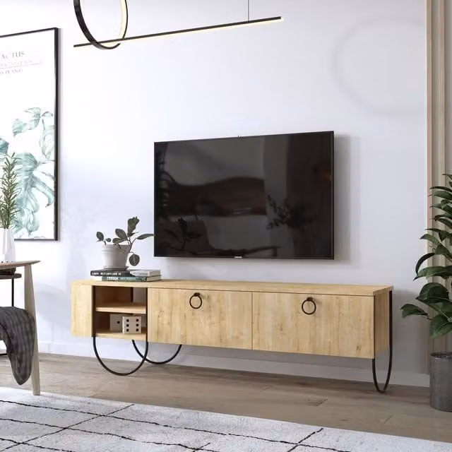 FWStyle Large TV Multimedia Unit with 2 Doors and Open Shelving in Natural Oak Brown