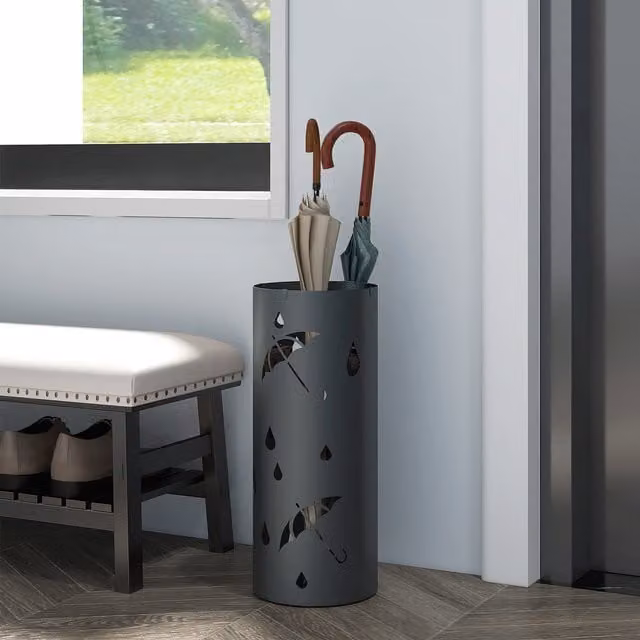 HOMCOM Metal Umbrella Stand with 4 Hooks and Removable Drip Tray in Dark Grey