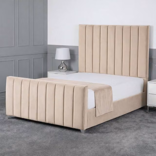 Living Comfort Bedz Empress Plush Velvet Upholstered Bed with Slatted Base and 48 Inch Headboard in Beige, Single Size