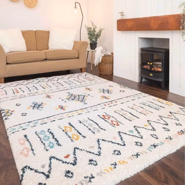 The Rug House Boho Moroccan Aztec Shaggy Living Area Rug, Multicolour and Beige, W: 150 cm, D: 80 cm