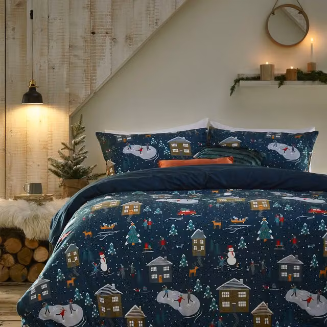 Make it a Home Reversible Christmas Graphic Fleece Duvet Cover Set, Blue, W: 140 cm, L: 200 cm
