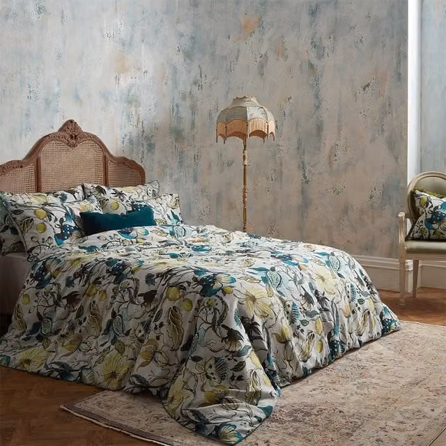 Edinburgh Weavers Morton Floral Reversible Mako Satin Cotton Duvet Cover Set in Petrol and Turquoise, W: 200 cm x L: 200 cm