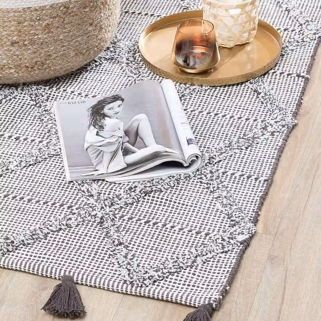 Wyld and Coco Brown Geometric Cotton Woven Rug with Fringes, W: 80 cm, L: 150 cm