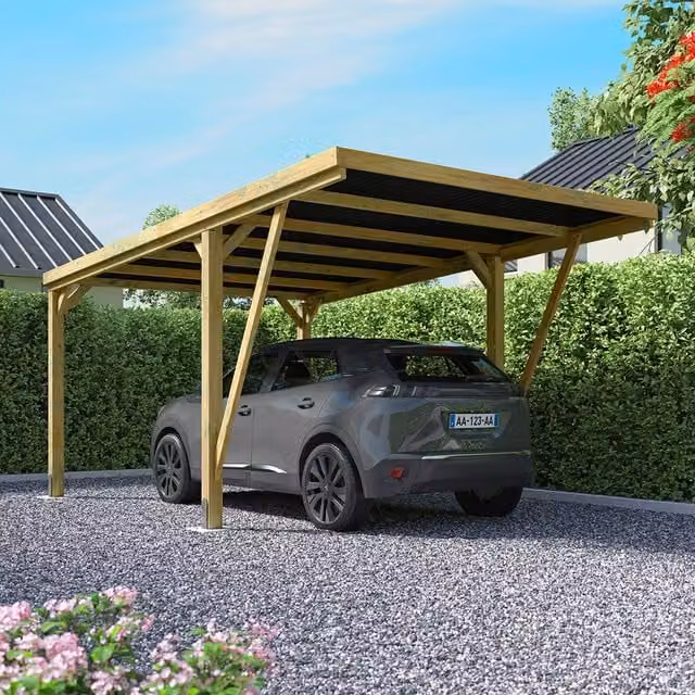 Cerland Victor Designer Single Pent Wooden Carport in Natural Brown with Polycarbonate Roof and Concrete Supports